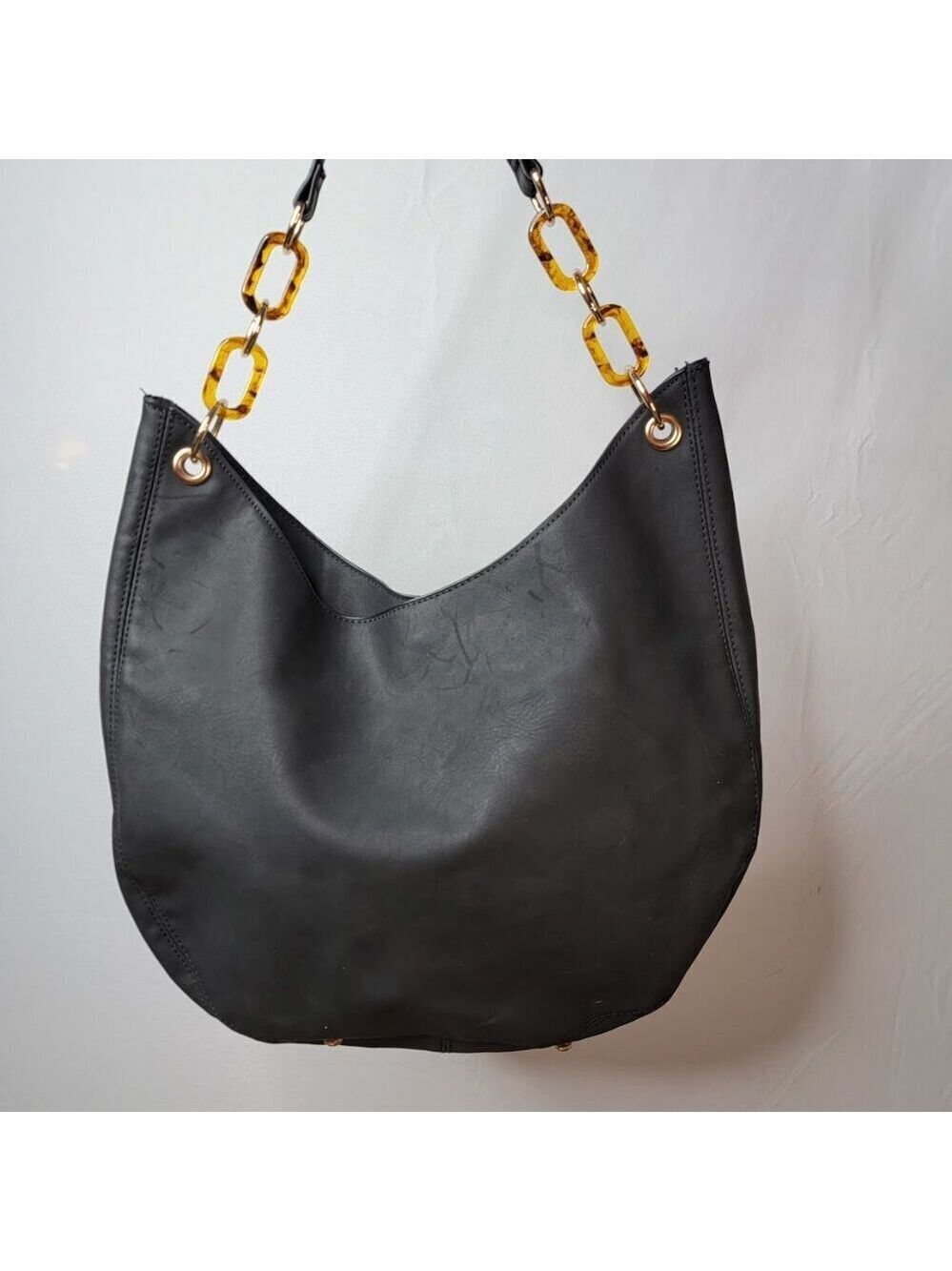 Est. 1946 Black Faux Leather Hobo Bag – Tortoise Chain Shoulder Strap - Picture 5 of 7